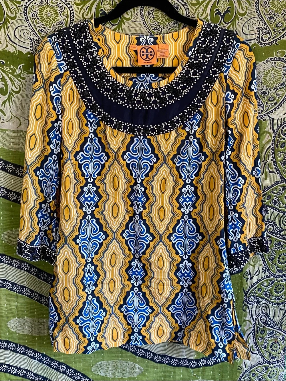 Tory Burch Odie Yellow/ Blue/ White Embellished Tunic Blouse Medium Resort Wear